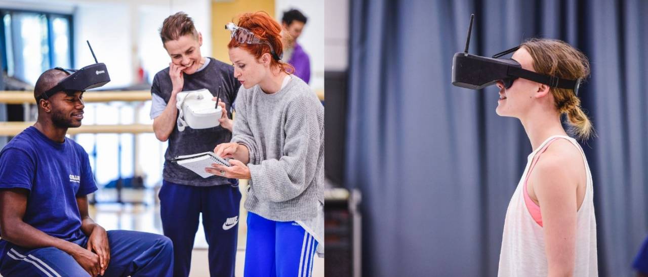 2 images, one of 3 people looking at a piece of paper, the second on someone wearing a vr headset looking to the left