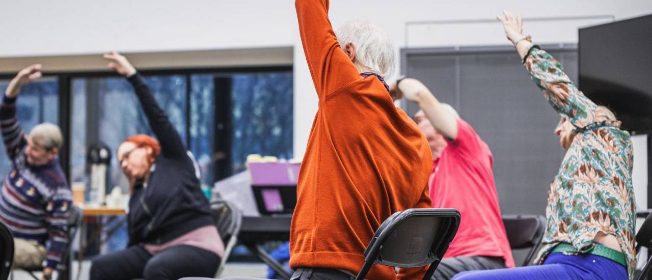 photo of dance for parkinson's class - seated participants stretch their arms over head
