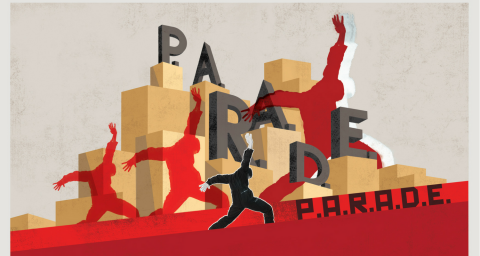 Parade banner, graphic featuring cardboard boxes and letters spelling parade