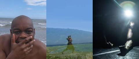 3 images one with prson with hand over  one with dancer on a rock and one with an arm stretching out on the floor
