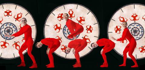 dancers in red leotards leapfrog, behind them are repeated images of a dancer in various stages of jumping in the style of early animation
