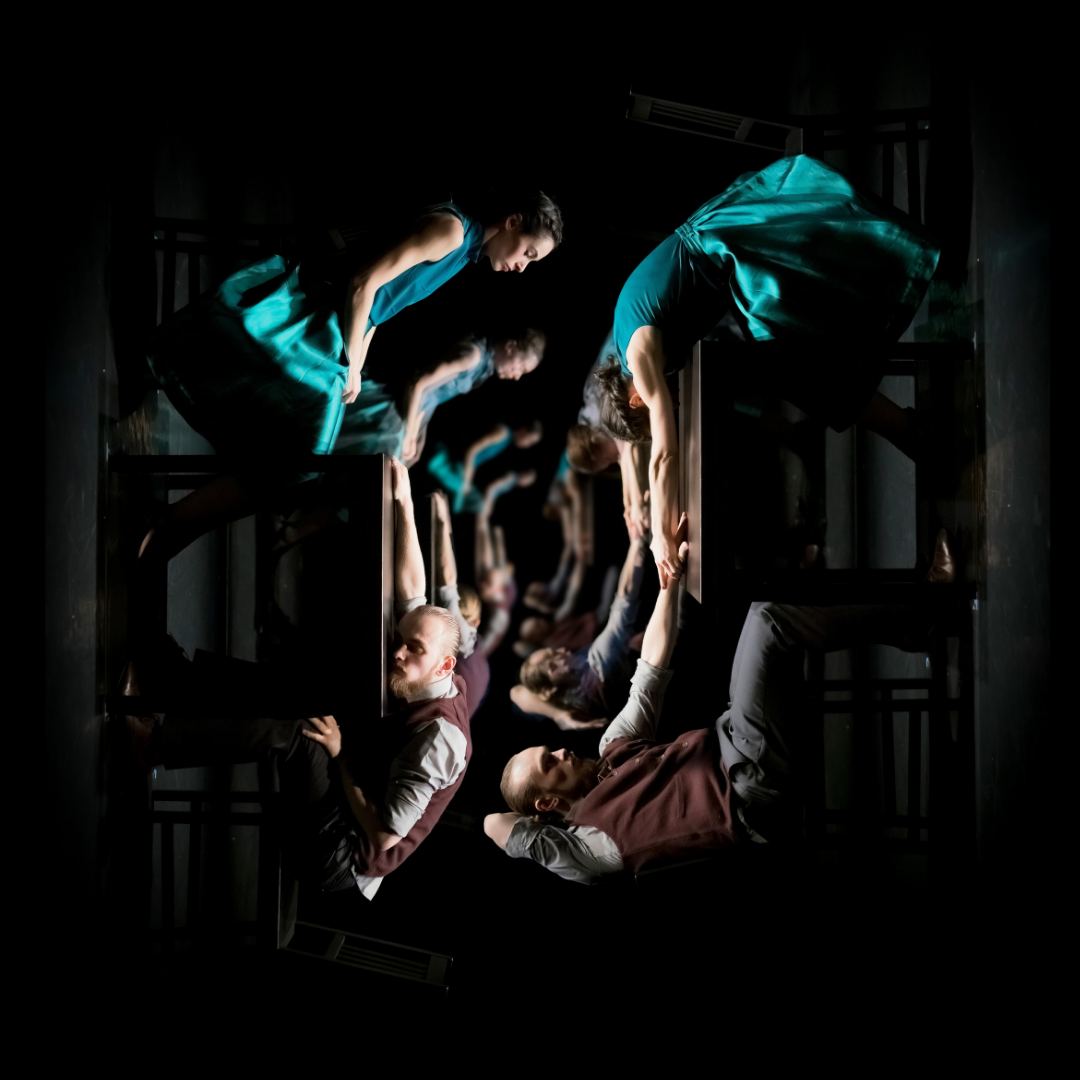 YMA | HERE poser image of two dancers at a table reflected over and over