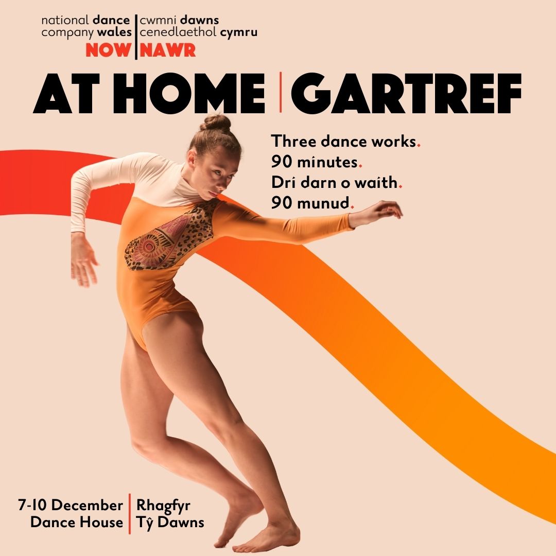 at home poster, dancer wears an orage leotard and slicked back bun and extends an arm to the right of the page
