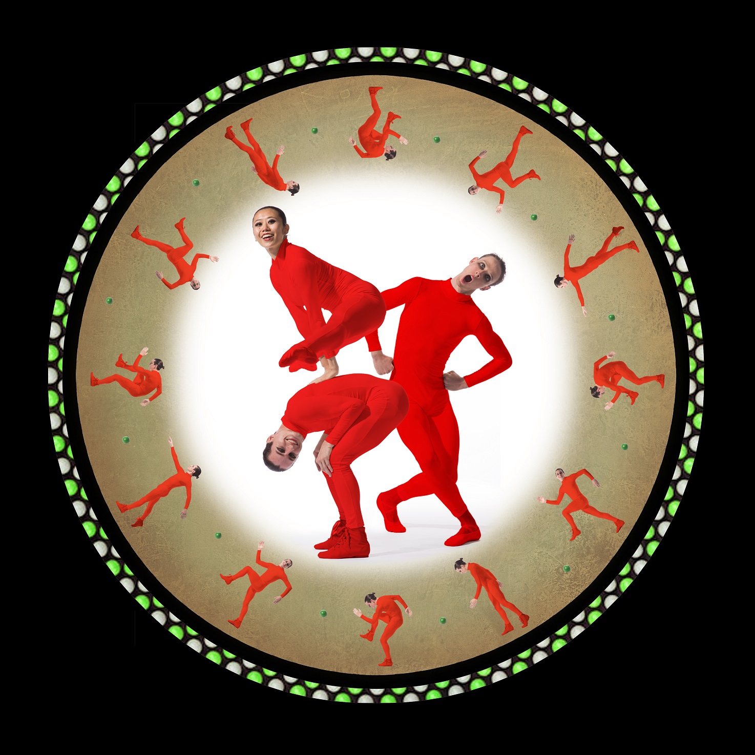 Zoetrope wheel with dancers in red costumes leap frogging over one another 