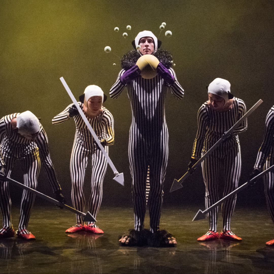 dancers point towards another dancers' feet - he wears ape feet slippers