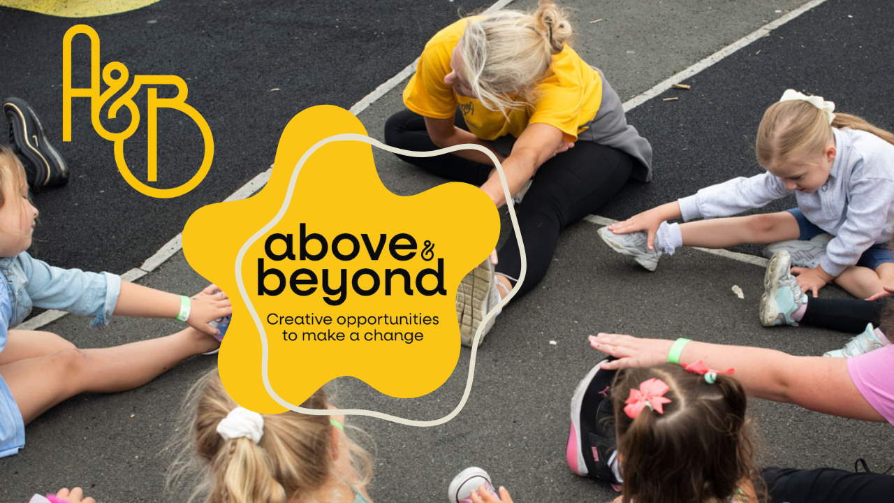 above and beond logo over young people stretching