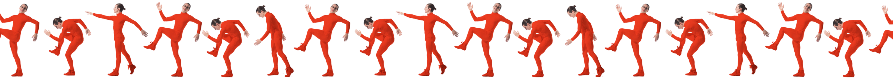 a dancer in red marching across the screen