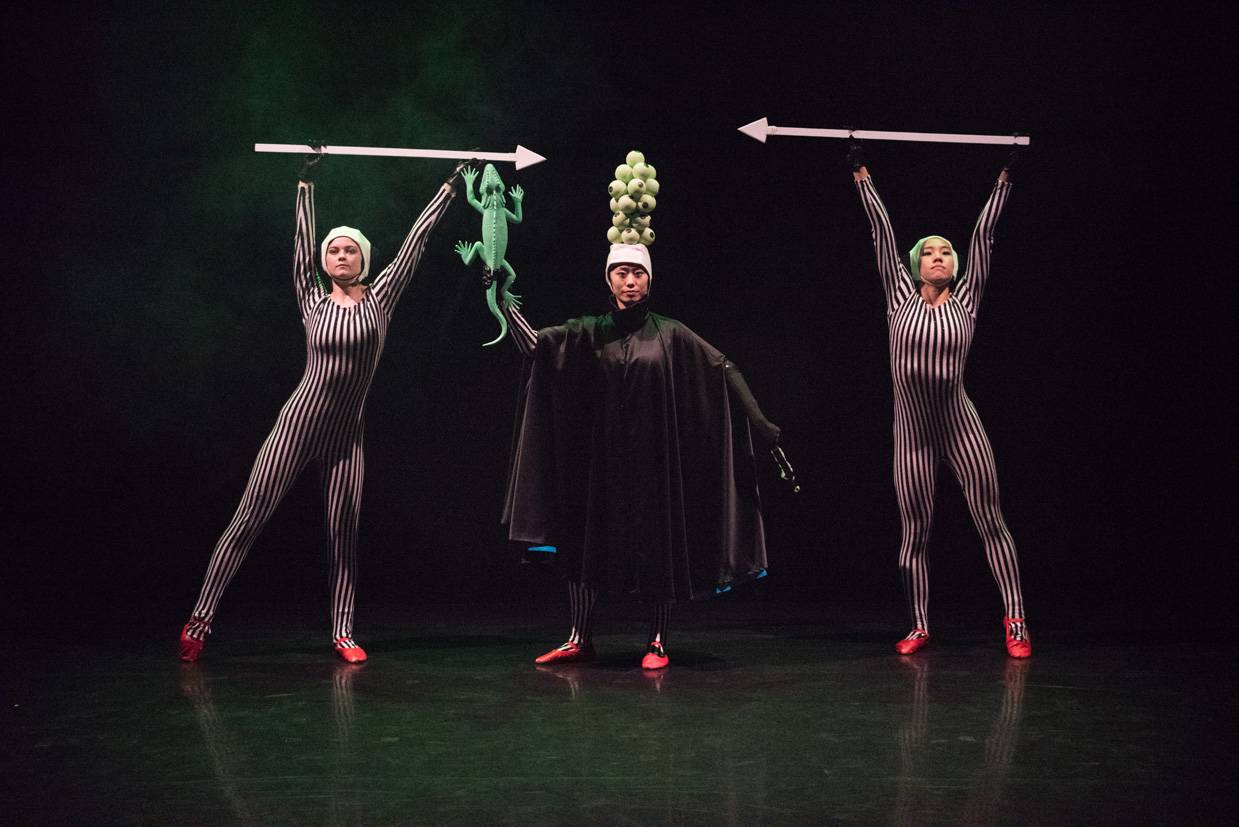 Jill stands in centre stage wearing a cape and holding a large lizard, she wears a hat that is very tall and made of balls to look like frogspawn, two other dancers point at her hat with big arrows