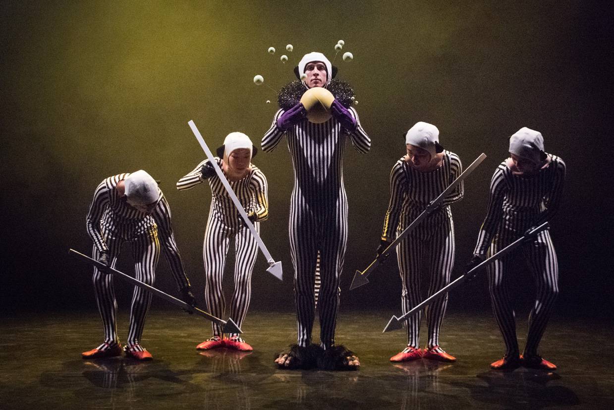 dancers in striped costumes and red ballet shoes point with large arrow props at sam who holds a ball and wears a collar covered in plastic molecules. He also wears fake gorilla feet.