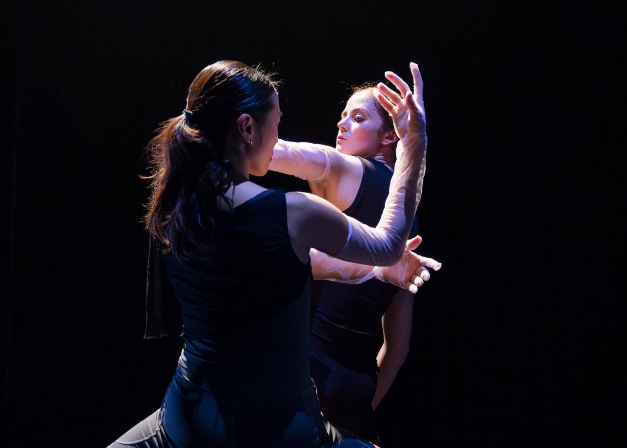 two dancers in black costumes regarding one another in soft light