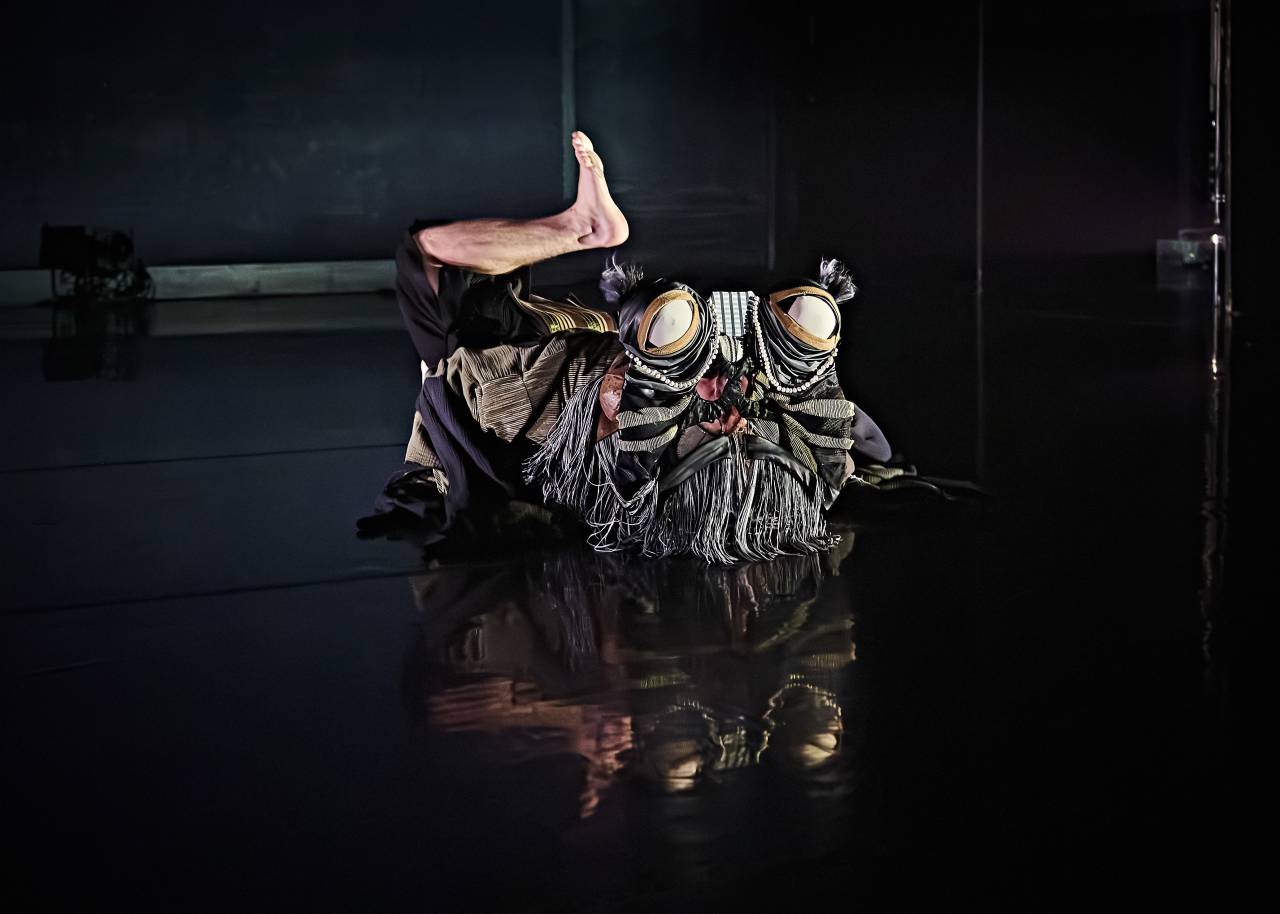 a dancer in a toad mask slides across the stage