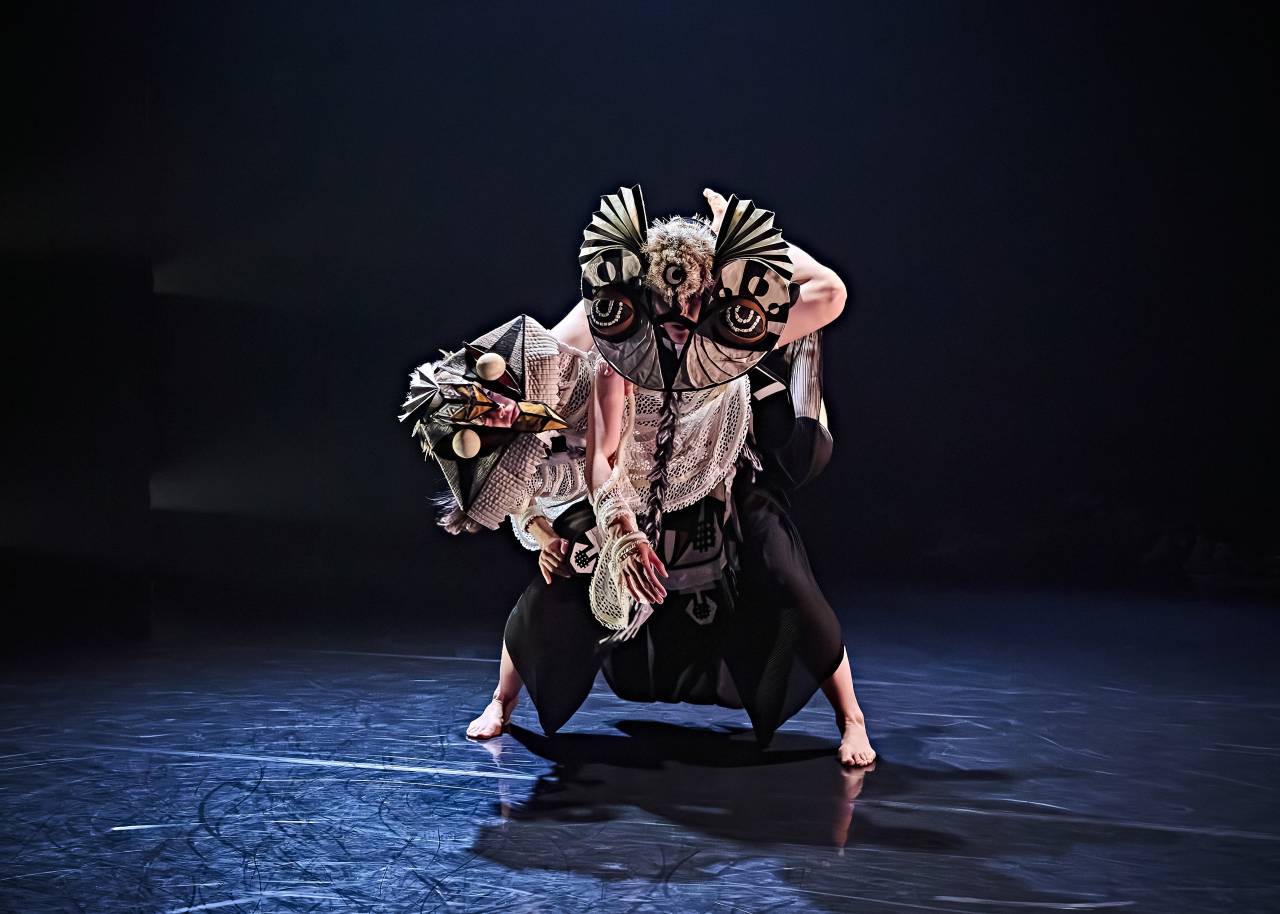an owl and eagle masked dance duo, wrapped around one another. 
