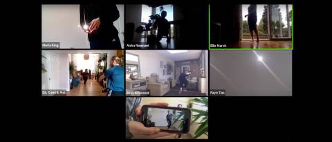 Image of zoom meeting with dancers in 7 different screens 