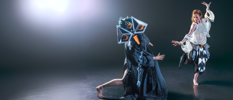 two dancers dressed in wild costumes, one in a large folk inspired bird mask and the other in a top that looks inspired by skeletons, they pose dynamically under blooming light