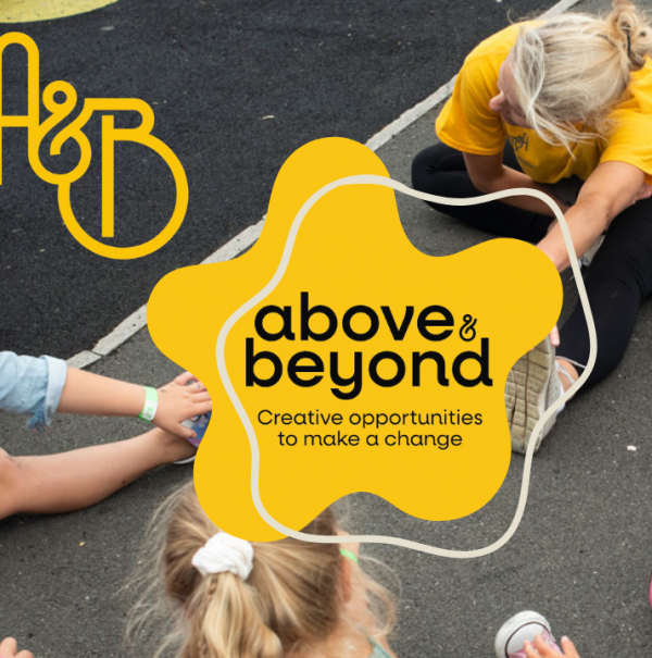 above and beond logo over young people stretching